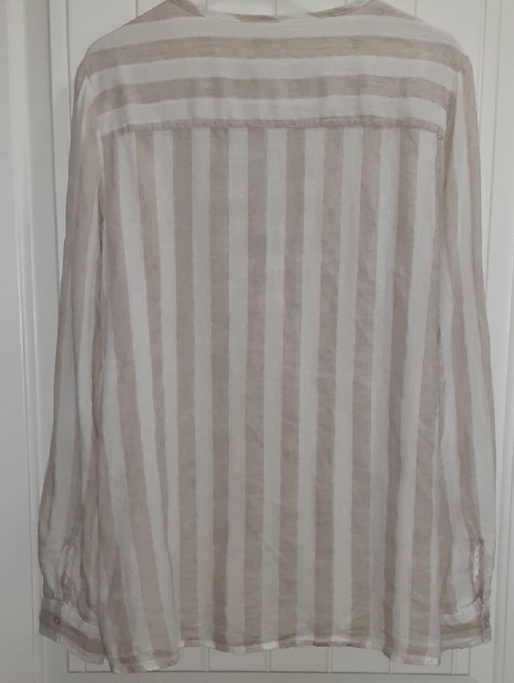 Antibes Blanc 100% Linen Striped Roll-Tab Tunic Top Blouse Beige Size M - Picture 2 of 10